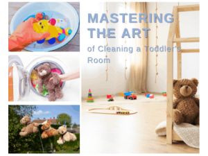 a preschool provider's guide to safe cleaning 4 a toddlers room with toys on the floor, toys being cleaned and hung on a clothes line to dry